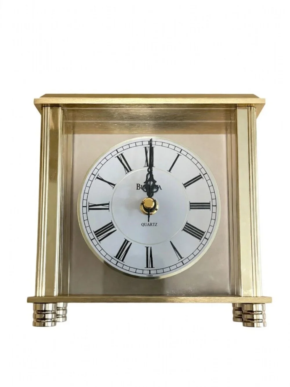 Bulova Quartz Carriage Clock Brass Glass Roman Numeral Desk Shelf 6